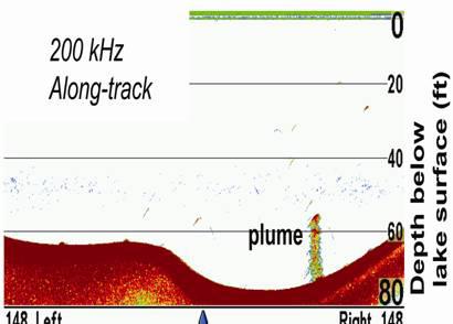A methane plume imaged by a fishfinder operated at 200 kHz in Upper Mystic Lake near Boston.