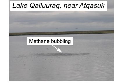 A methane seep in shallow Lake Qalluuraq on the Alaskan North Slope near the Native Village of Atqasuk breaks the water's surface during 2009 geophysical surveys