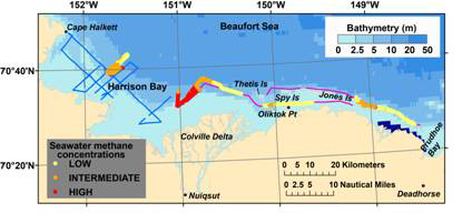 Relative methane concentrations measured in real-time in near-surface seawater by CRDS technology in 2011 between Harrison Bay and Prudhoe Bay, Beaufort Sea, Alaska.