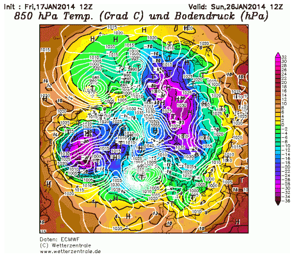 (ECMWF 850 hPa temperature and pressure gradient for the Northern Hemisphere. Image source ECMWF)