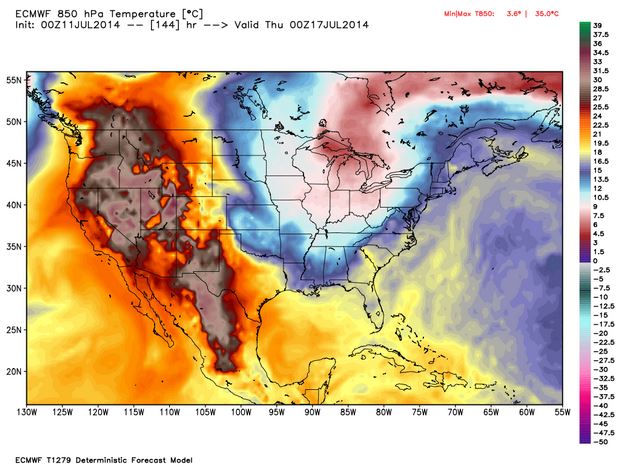 A European model of high temperatures predicted for Wednesday.