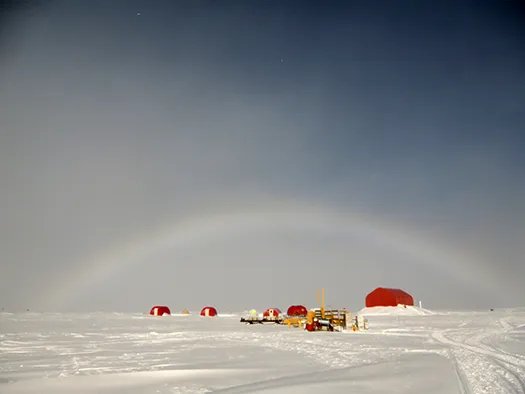 A Rainbow in Greenland: On July 28, 2012, a rainbow formed over NEEM camp during unusually warm weather, Kazuhide Satow.