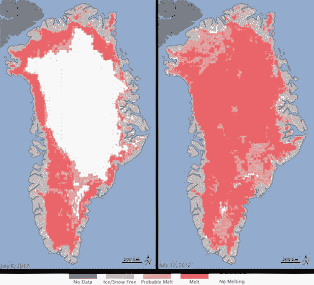 Extent of surface melt over Greenland’s ice sheet on July 8, 2012 (left) and July 12, 2012. In just a few days, the melting had dramatically accelerated and an estimated 97 percent of the ice sheet surface had thawed. Credit: NASA.