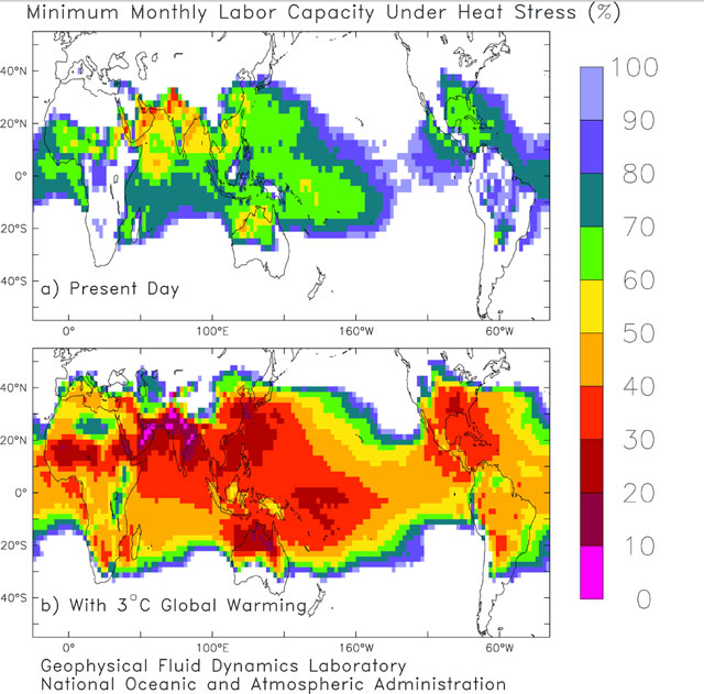 Top panel: Minimum monthly labor capacity (%) over the previous decade (2001-2010) from the NCEP climate reanalysis. Bottom panel: Minimum monthly labor capacity (%) in GFDL-ESM2M for 2091-2100 under the highest RCP emissions scenario which gives a global temperature anomaly of 3.4C relative to a 1861-1960 control period.