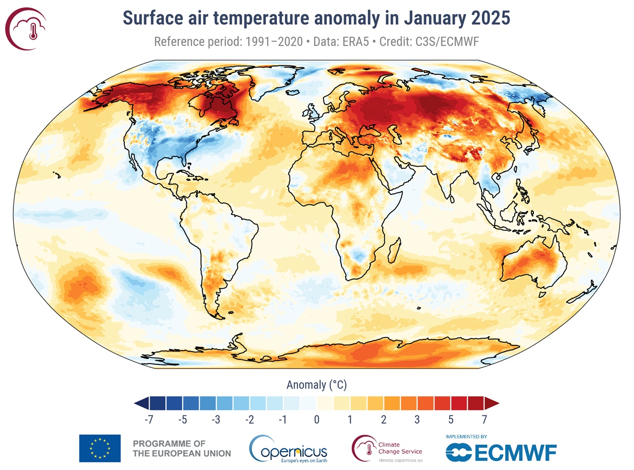 Surface air temperature anomaly for January 2025 relative to the January average for the period 1991-2020. Data source: ERA5. Credit: C3S/ECMWF.  ​​​